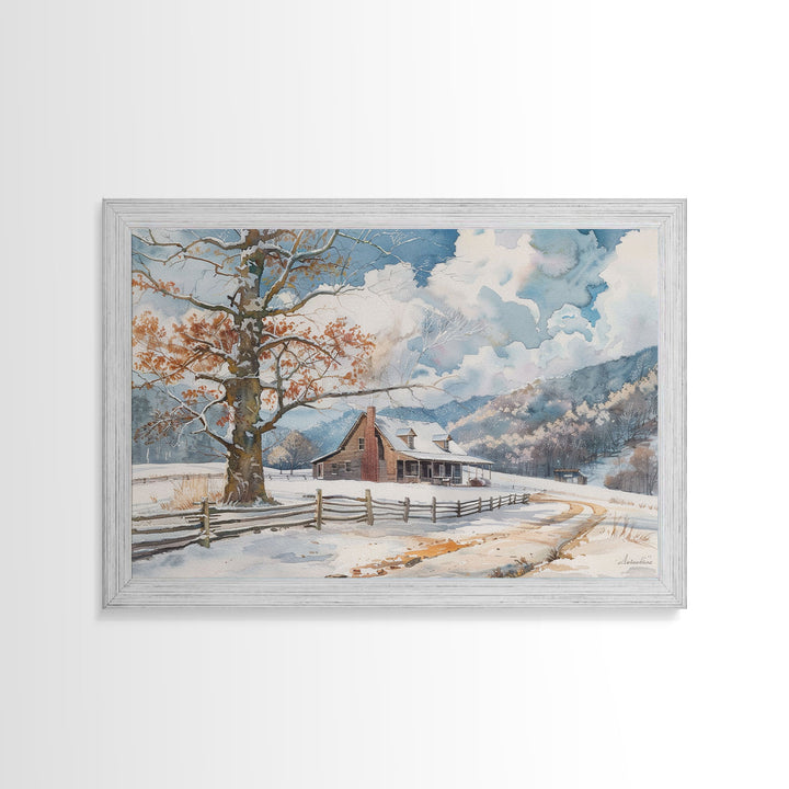 Painting Of A Farmhouse In The Winter, Cottagecore, Framed Canvas Print, Kitsch Home Decor, Western Country Art, Living Room Decor