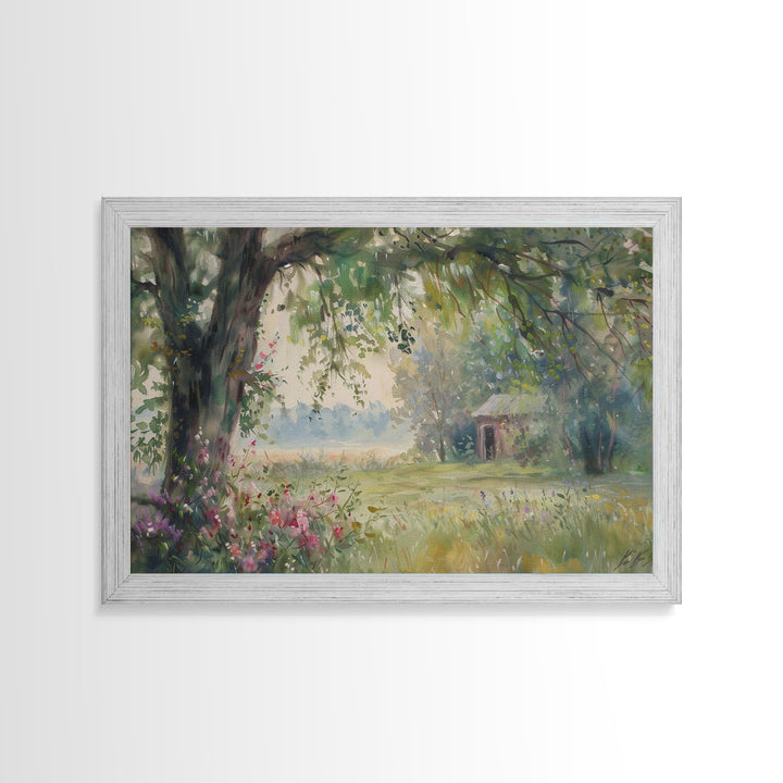 Painting Of An Old Farmhouse In The Spring, Framed Canvas Print, Watercolor Painting, Original Art, Living Room Art, Wall Art