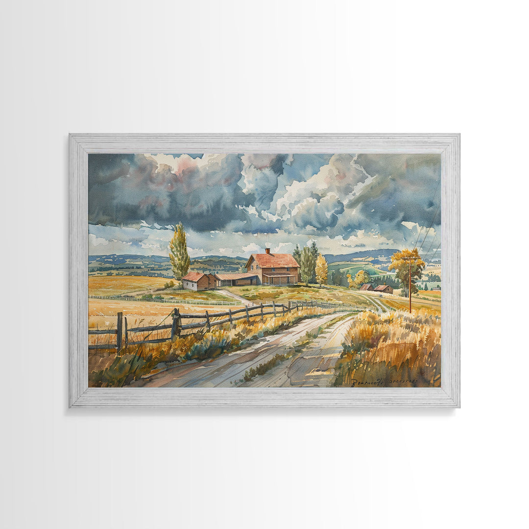 Primitive Farmhouse Watercolor Painting Framed Canvas Print, Framed Art, Wood Frame Art, Kitsch Decor, Southwestern Decor, Rustic Art