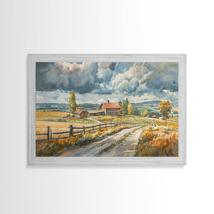Primitive Farmhouse Watercolor Painting Framed Canvas Print, Framed Art, Wood Frame Art, Kitsch Decor, Southwestern Decor, Rustic Art