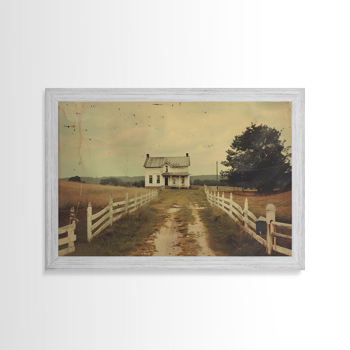 Old Photo Print Of An 1800s Farmhouse, White Picket Fences, Vintage Style Wall Art, Framed Canvas Print, Rustic Primitive Wall Art