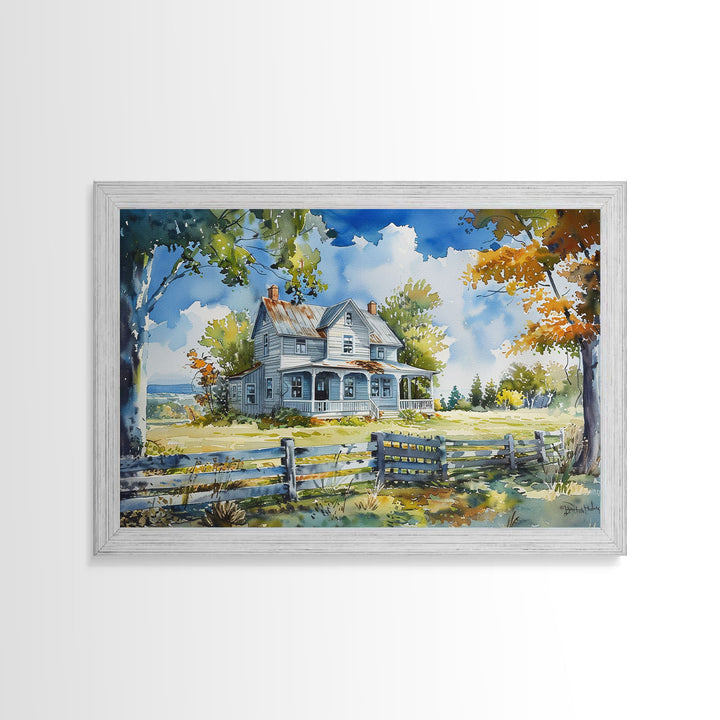 Retro Watercolor Painting Print Of A Vintage Farmhouse, Kitsch Art, Wall Art, Farmhouse Decor, Western Art For Living Room
