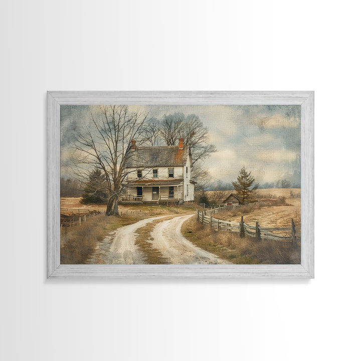 Old Country Roads Framed Wall Art Canvas Print, Water Color Painting Of A Rustic Cottage, Texas Decor, Southwest Wall Art
