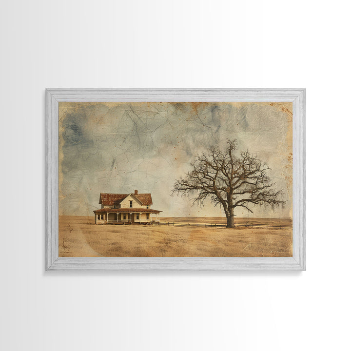 Little Farmhouse On A Texas Prairie Framed Canvas Print, Original Rustic minimalist Art, Wood Frame Rustic Home Decor