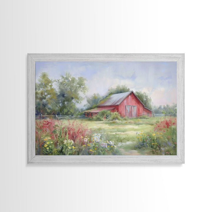 Old Red Barn Rustic Art, Framed Canvas Print Of An Original Art Watercolor Painting, Cottage Core Decor, Whimsical Kitsch Living Room Art