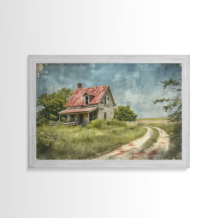 Watercolor Painting Of An Old Red Farmhouse, Framed Canvas Print, Wall Art Prints, Rustic Farmhouse Decor, Minimalist Art, Kitsch Decor