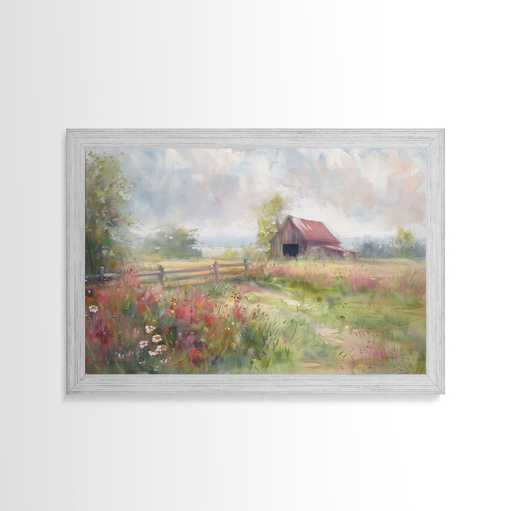 Farm Art, Framed Canvas Print, Rustic Watercolor Painting Of An Old Barn, Farmhouse Color Palette, Boho Decor
