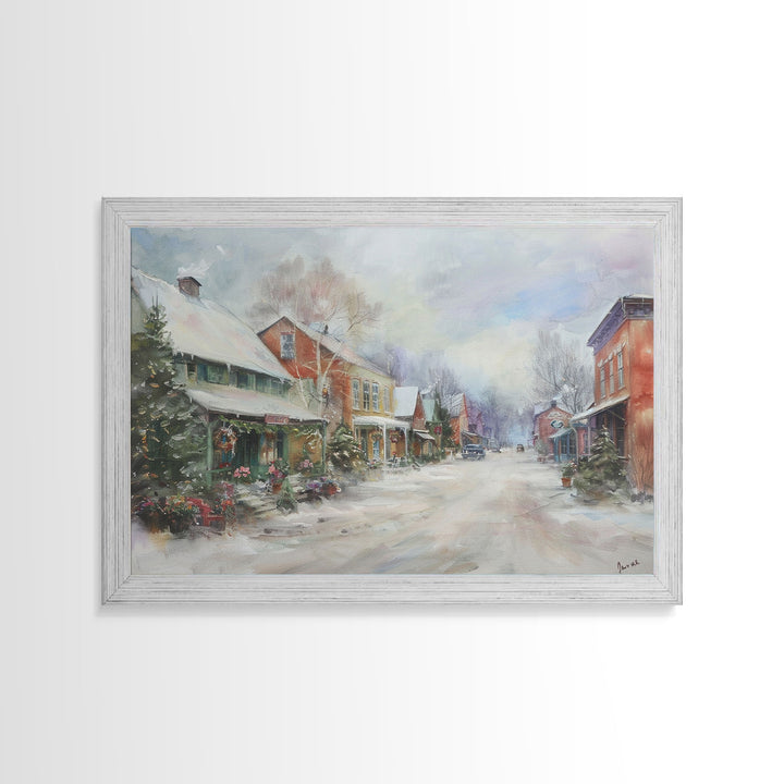 Small Town America At Christmas Time, Framed Canvas Print, Winter Scenary Wall Decor, Folk Art Framed Canvas, Metal Wall Art Living Room