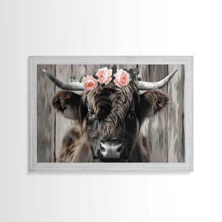 Framed Canvas Wall Art, Cute Highland Cow Print, Modern Wall Art Farmhouse Decor, Fun Rustic Farmhouse Art, Life On The Farm, Cow and Flower