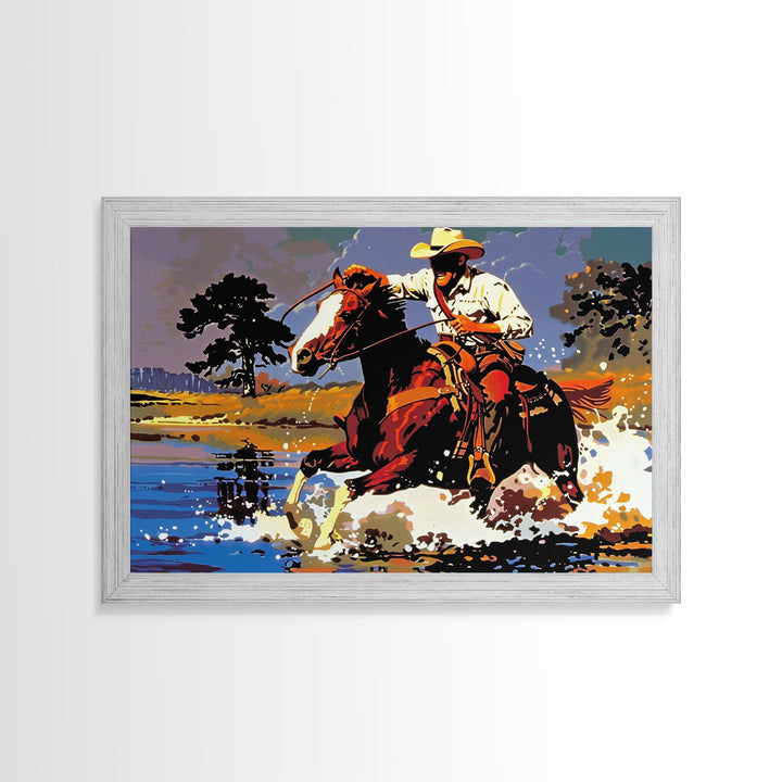 Cowboy Crossing The Colorado River, Arizona Print, Original Painting Framed Canvas Print, Western Home Decor, Wild West Art