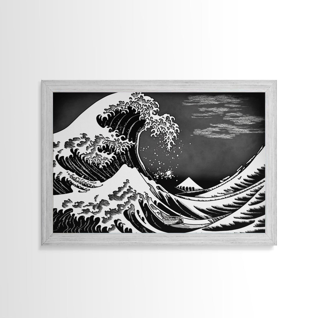 Black and White Wave Canvas Print, Hokusai Inspired Wall Art, Woodblock Print Style, Wall Art, Vintage Style Wall Art