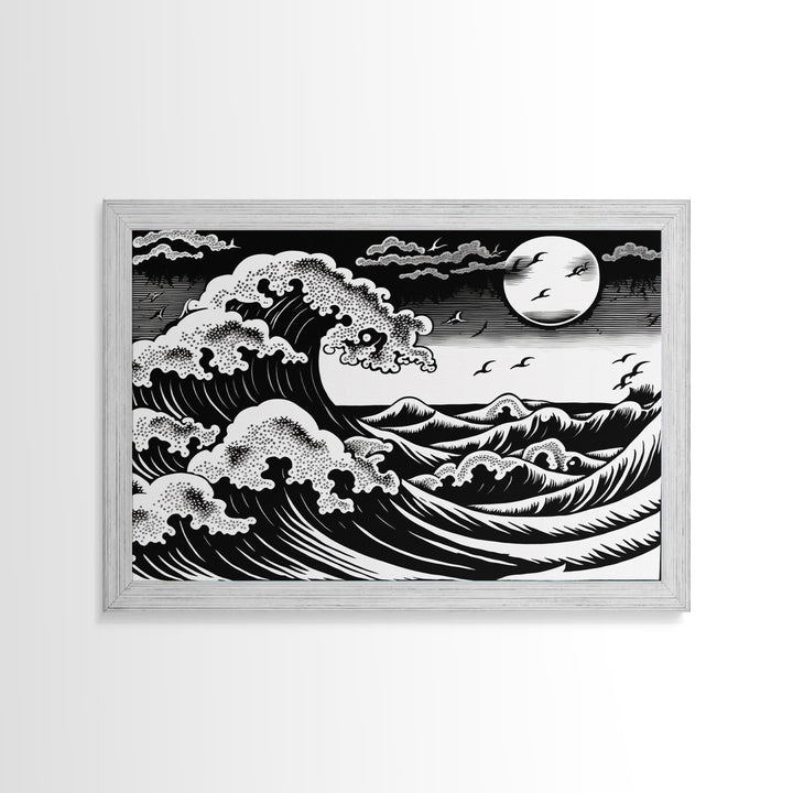 Black and White Wave Canvas Print, Hokusai Inspired Wall Art, Woodblock Print Style, Wall Art, Vintage Style Wall Art