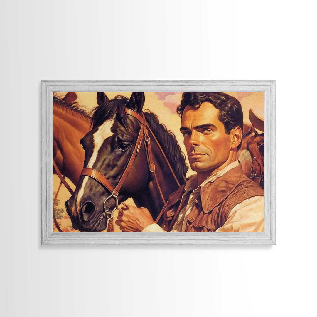 Vintage Cowboys Painting Print Horse Wall Art Canvas Hunting Southwest Sketch Drawing Poster Framed Antique Country Rustic Farmhouse Decor