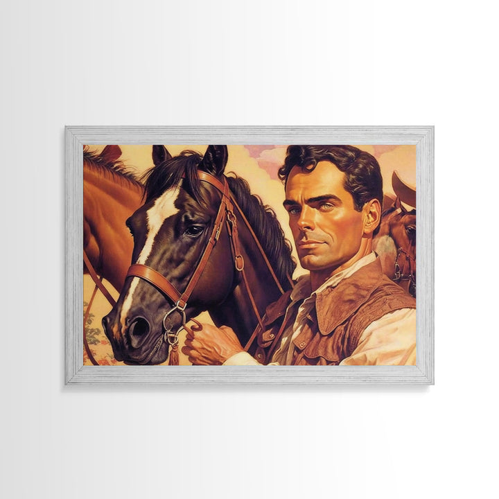 Vintage Cowboys Painting Print Horse Wall Art Canvas Hunting Southwest Sketch Drawing Poster Framed Antique Country Rustic Farmhouse Decor