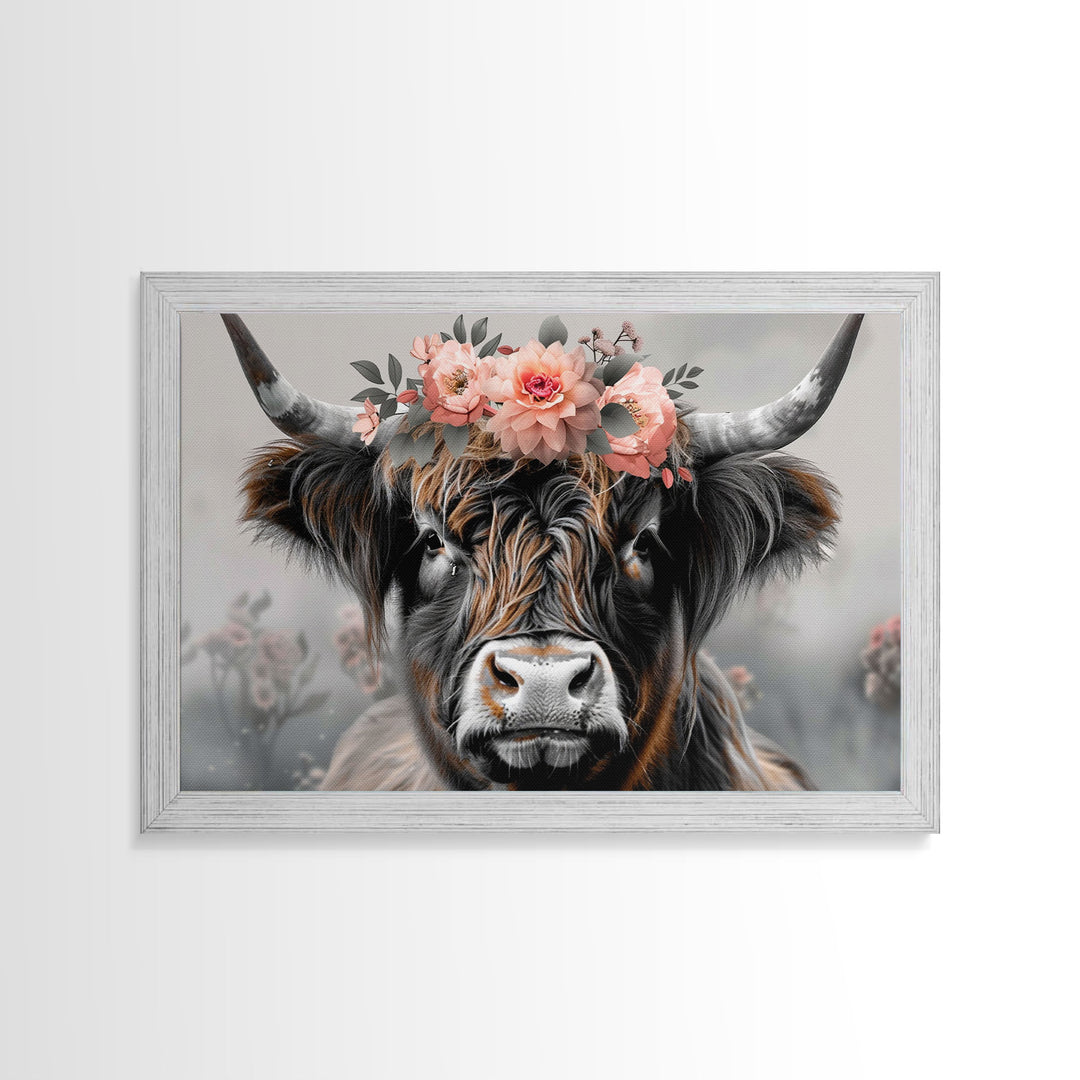 Framed Wall Art Texas Cattle, Wood Framed Canvas Print, Farmhouse Decor, Minimalist Rustic Farmhouse Painting, Vacation Home Decor, Western