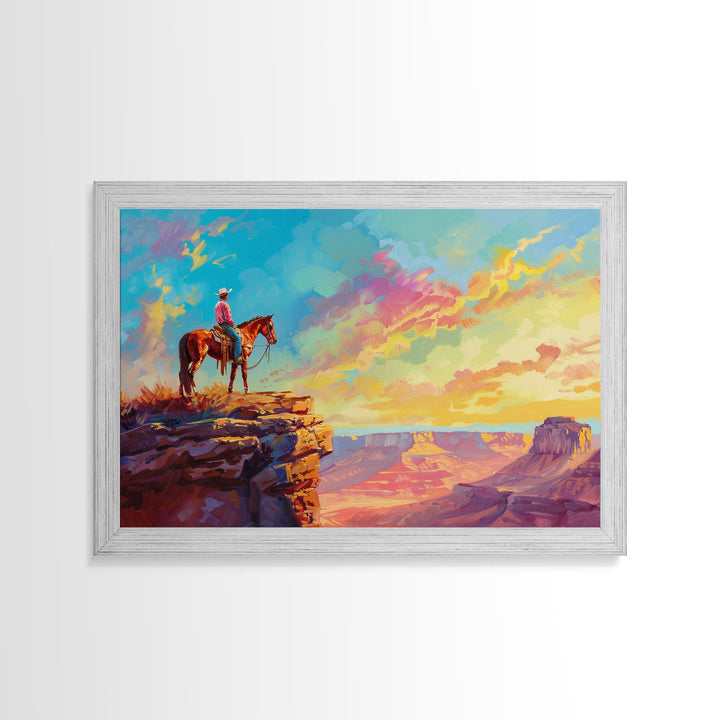 Framed Wall Art Giclée Fine Art Print, Watercolor Painting of A Cowboy On A Mountain Ridge, Rustic Western Decor, Country Decor, Metal Print