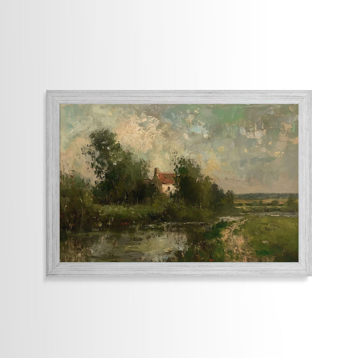 Slightly Scorched Vintage Landscape Painting Canvas Print - Farmhouse Painting - Wall Art - Large Print