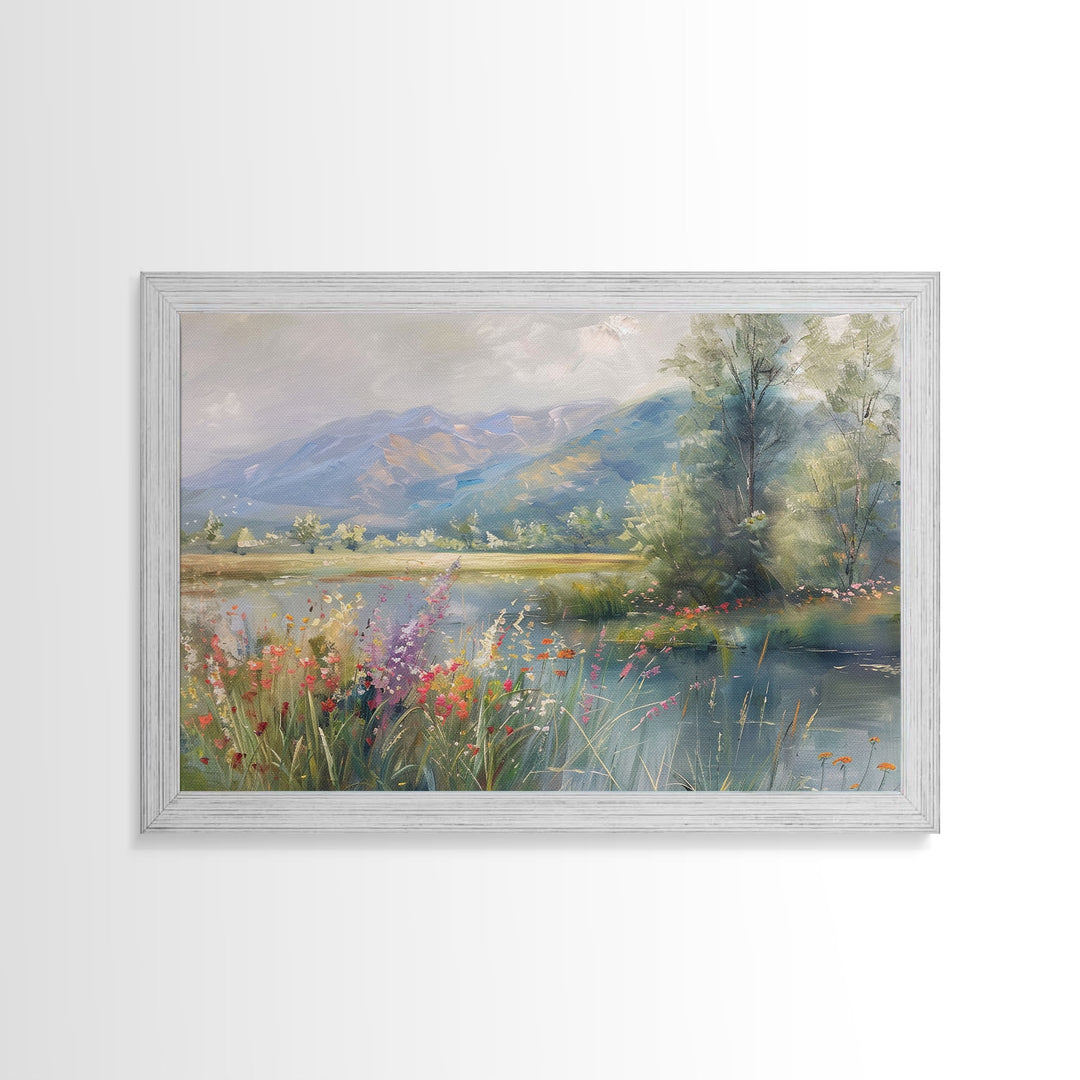 Dutch Landscape With Lake Framed Canvas Print Oil Painting, Wood Frame Wall Art, Cottage Core, Farmhouse Decor, Living Room Art