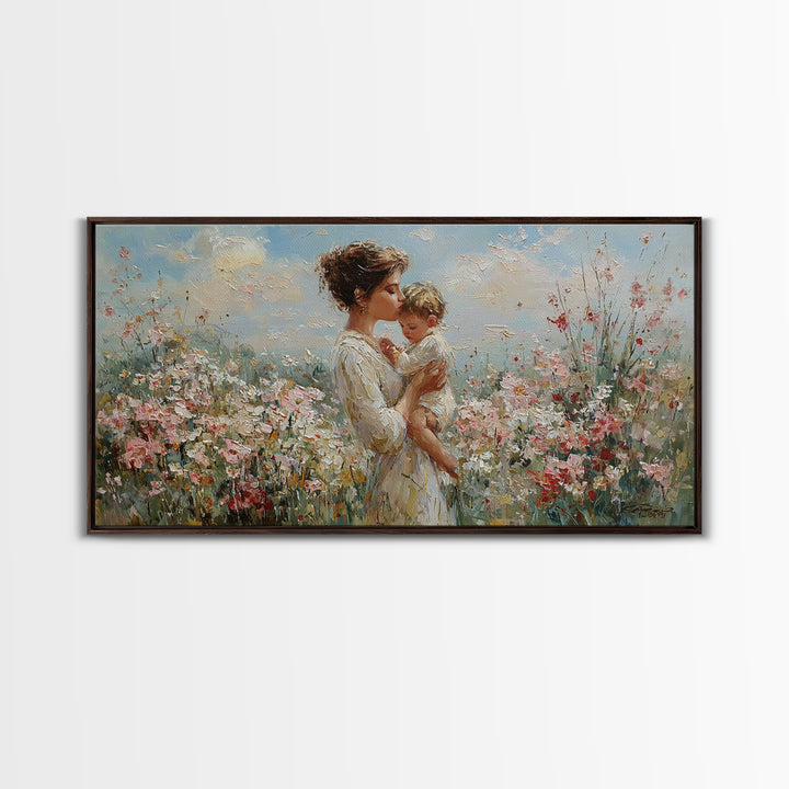 Mother Holding Baby In Sunlit Flower Field Wall Art, Impressionist Floral Canvas Print, Nursery Decor, Gift For Mom, Living Room Decor