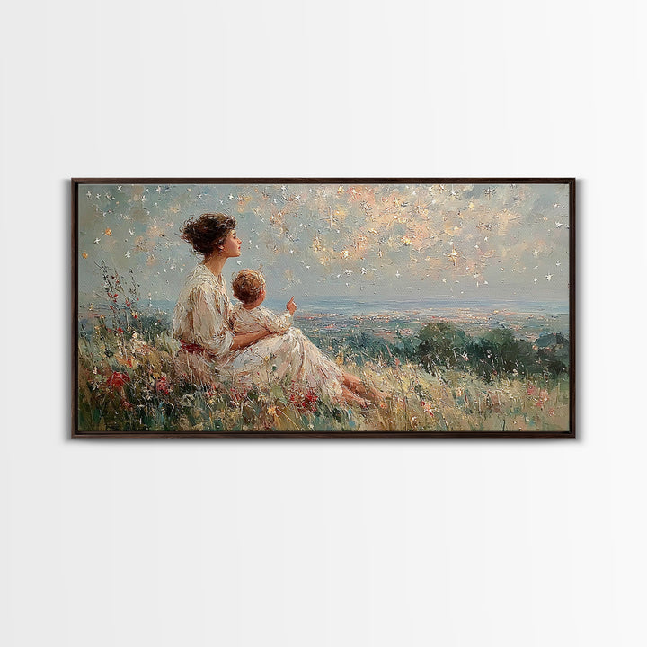 Mother And Child Watching Ocean Sunset Framed Canvas Print, Coastal Wildflower Wall Art, Calming Bedroom Decor Gift For Her
