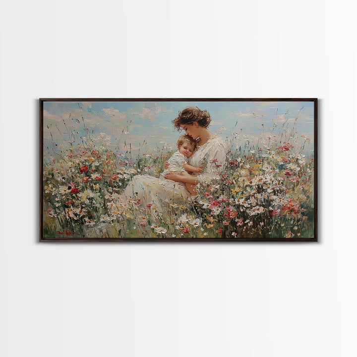 Mother And Baby Embraced Among Daisies Wall Art, Impressionist Floral Canvas Print, Nursery Wall Decor, Gift For Her, Motherhood Gift