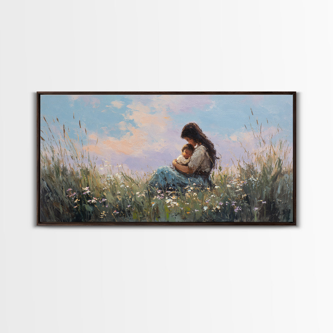 Mother Holding Baby At Sunset Meadow Canvas Print, Boho Wildflower Wall Art, Nursery Decor, Gift For New Mom, Bedroom Decor