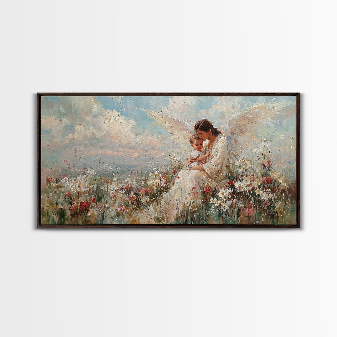 Guardian Angel Mother With Child In Flowers Framed Canvas Print, Heavenly Wall Art, Spiritual Nursery Decor, Gift For Her