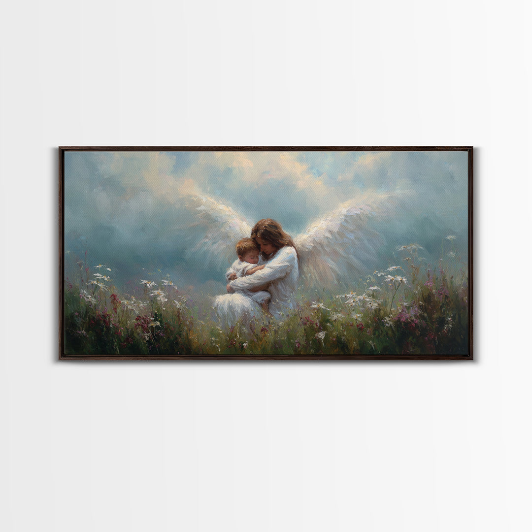 Guardian Angel Embracing Baby In Wildflower Meadow Framed Canvas Print, Christian Nursery Wall Art, Gift For Mom, Spiritual Home Decor