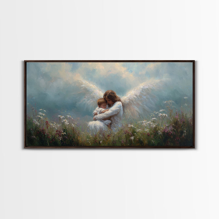 Guardian Angel Embracing Baby In Wildflower Meadow Framed Canvas Print, Christian Nursery Wall Art, Gift For Mom, Spiritual Home Decor