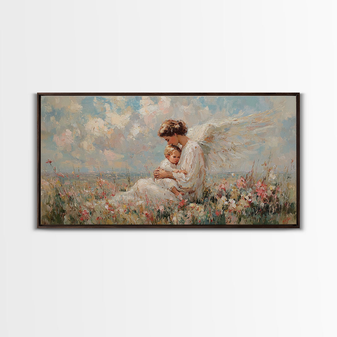 Seated Guardian Angel With Infant In Pastel Wildflowers Canvas Print, Christian Wall Art, Nursery Decor, Baby Shower Gift