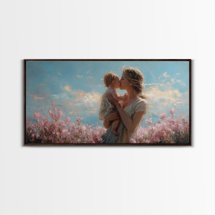 Tender Mother Kissing Child Among Pink Blossoms Wall Art, Feminine Nursery Decor, Mothers Day Gift, Living Room Art, Home Decor
