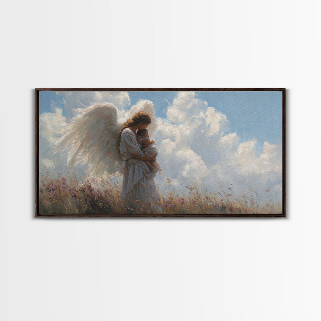 Angel Mother Cradling Baby Beneath Bright Clouds Framed Canvas Print, Christian Wall Art, Nursery Decor, Spiritual Gift For Her