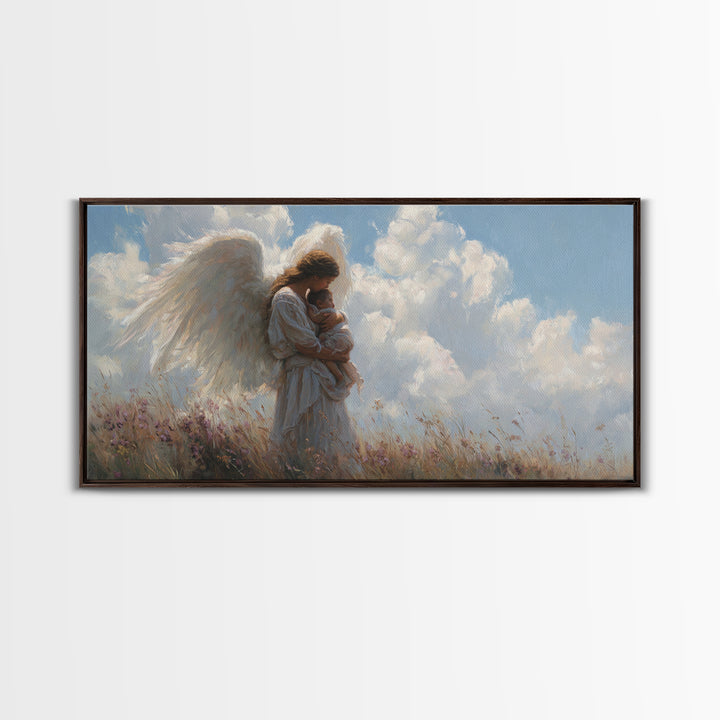 Angel Mother Cradling Baby Beneath Bright Clouds Framed Canvas Print, Christian Wall Art, Nursery Decor, Spiritual Gift For Her