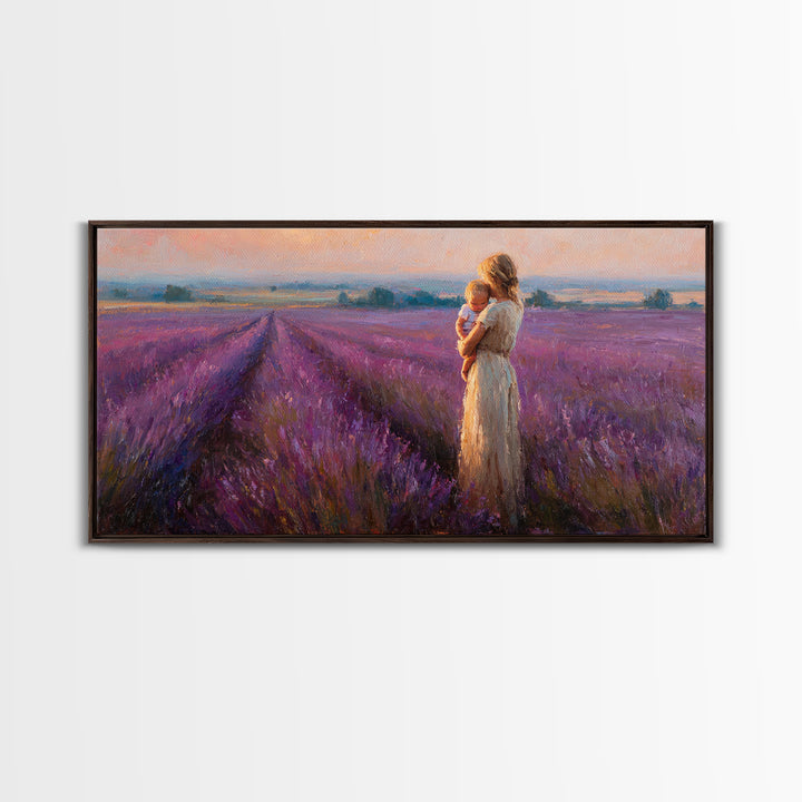Mother And Baby In Lavender Rows At Golden Sunset Framed Canvas Print, Provence Landscape Wall Art, Gift For Mom, Home Decor