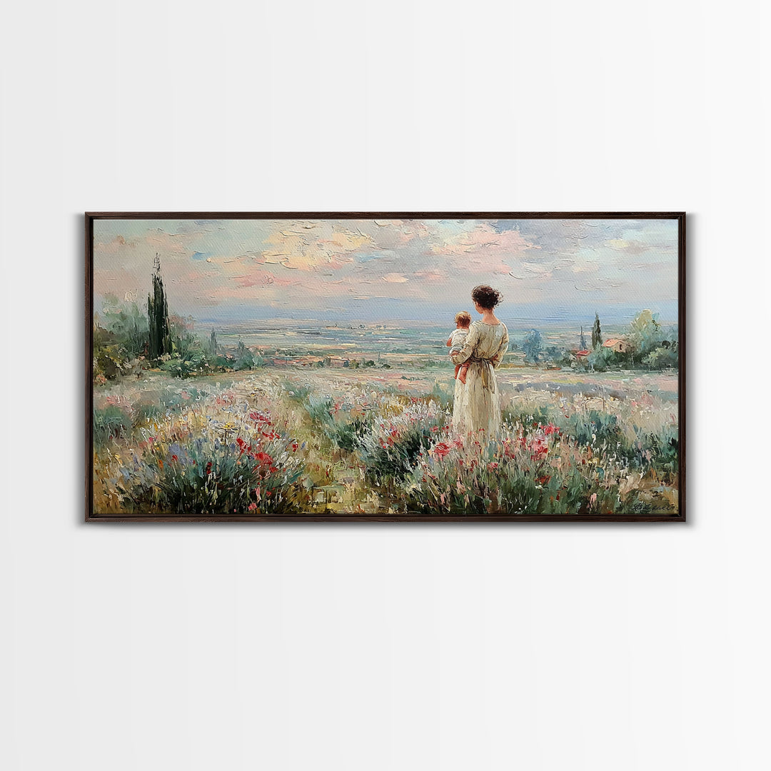 Mother With Baby Over Tuscan Wildflower Valley Canvas Print, Italian Countryside Wall Art, Mothers Day Gift, Living Room Decor