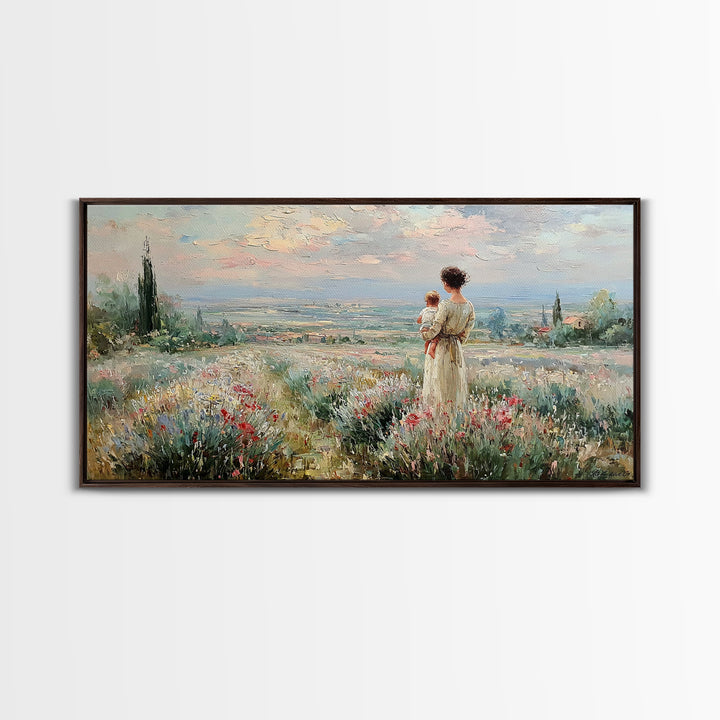 Mother With Baby Over Tuscan Wildflower Valley Canvas Print, Italian Countryside Wall Art, Mothers Day Gift, Living Room Decor