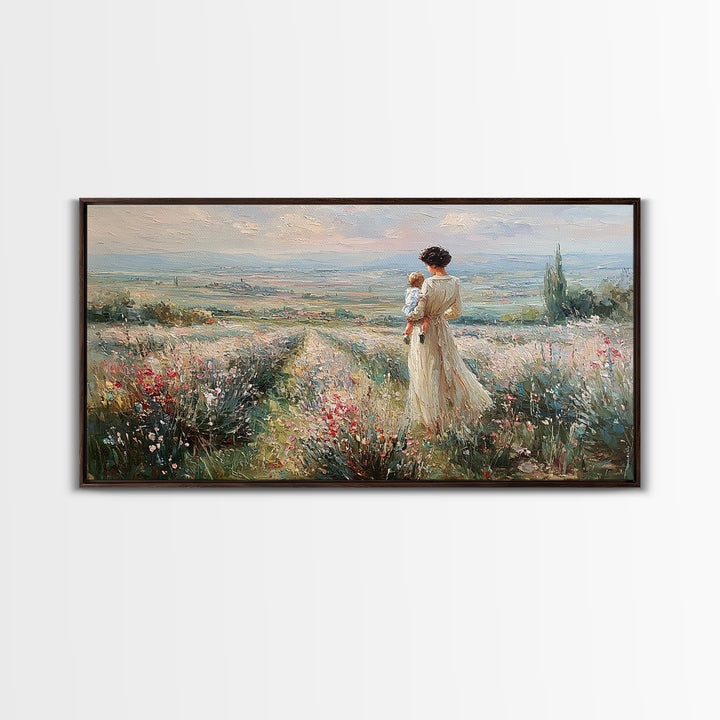 Mother Holding Baby Beside Tuscan Garden Path Wall Art, Italian Landscape Print, Framed Canvas Print, Housewarming Gift, Home Decor