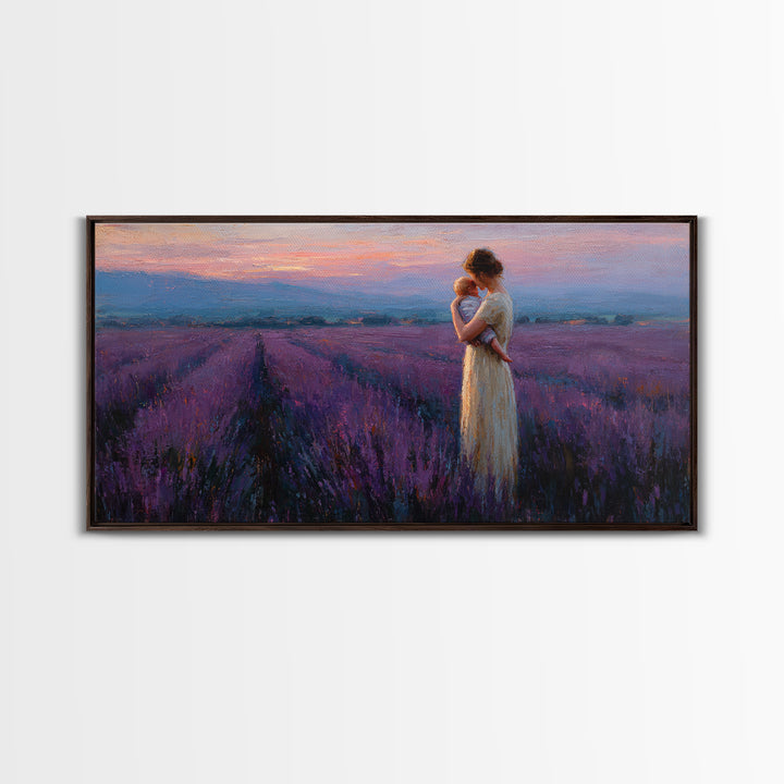 Mother And Baby In Lavender Field At Rose Dusk Canvas Print, Purple Landscape Wall Art, Mothers Day Gift, Romantic Home Decor