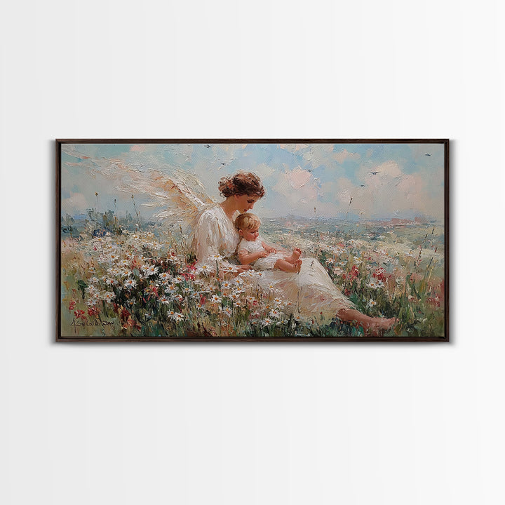 Seated Angel Holding Baby In Daisy Wildflower Meadow Framed Canvas Print, Christian Nursery Wall Art, Spiritual Home Decor