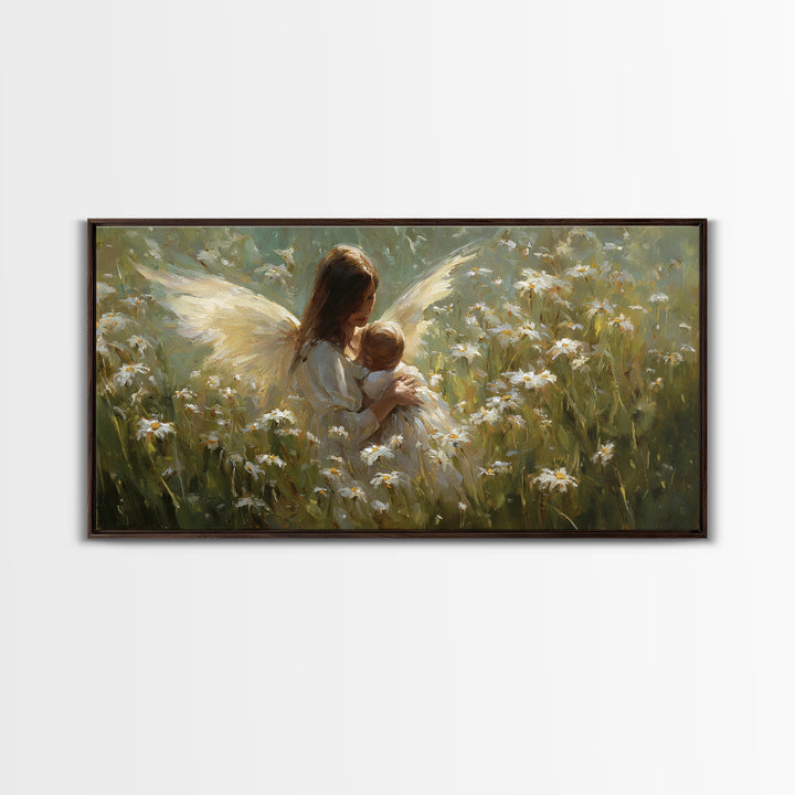 Guardian Angel Mother And Baby In Daisy Meadow Wall Art, Christian Nursery Decor, Spiritual Gift, Feminine Bedroom Decor