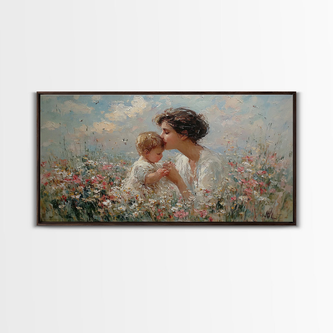 Mother Kissing Baby Among Wildflowers Wall Art, Impressionist Christian Art Print, Nursery Decor, Gift For Mom, Living Room Wall Art