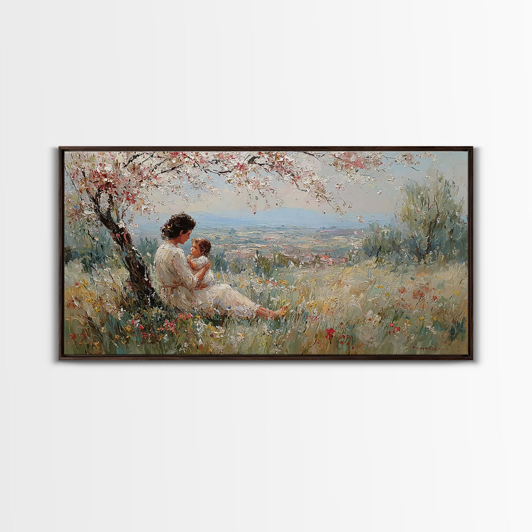 Mother And Child In Blooming Hillside Meadow Canvas Print, Spring Wall Art, Feminine Nursery Decor, Housewarming Gift, Living Room Decor