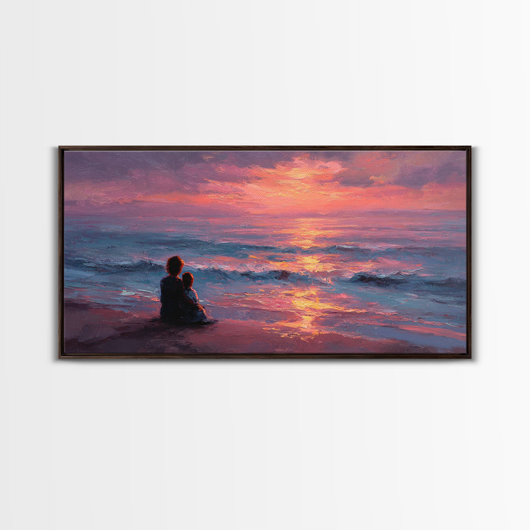 Mother And Child Watching Ocean Sunset Wall Art, Coastal Beach Canvas Print, Gift For Mom, Nursery Decor, Bedroom Wall Decor