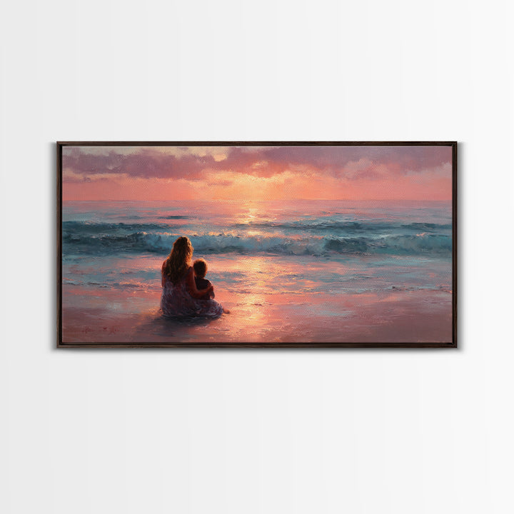 Mother And Child By Pink Ocean Sunset Wall Art, Coastal Seascape Canvas Print, Gift For Mom, Nursery Decor, Living Room Art