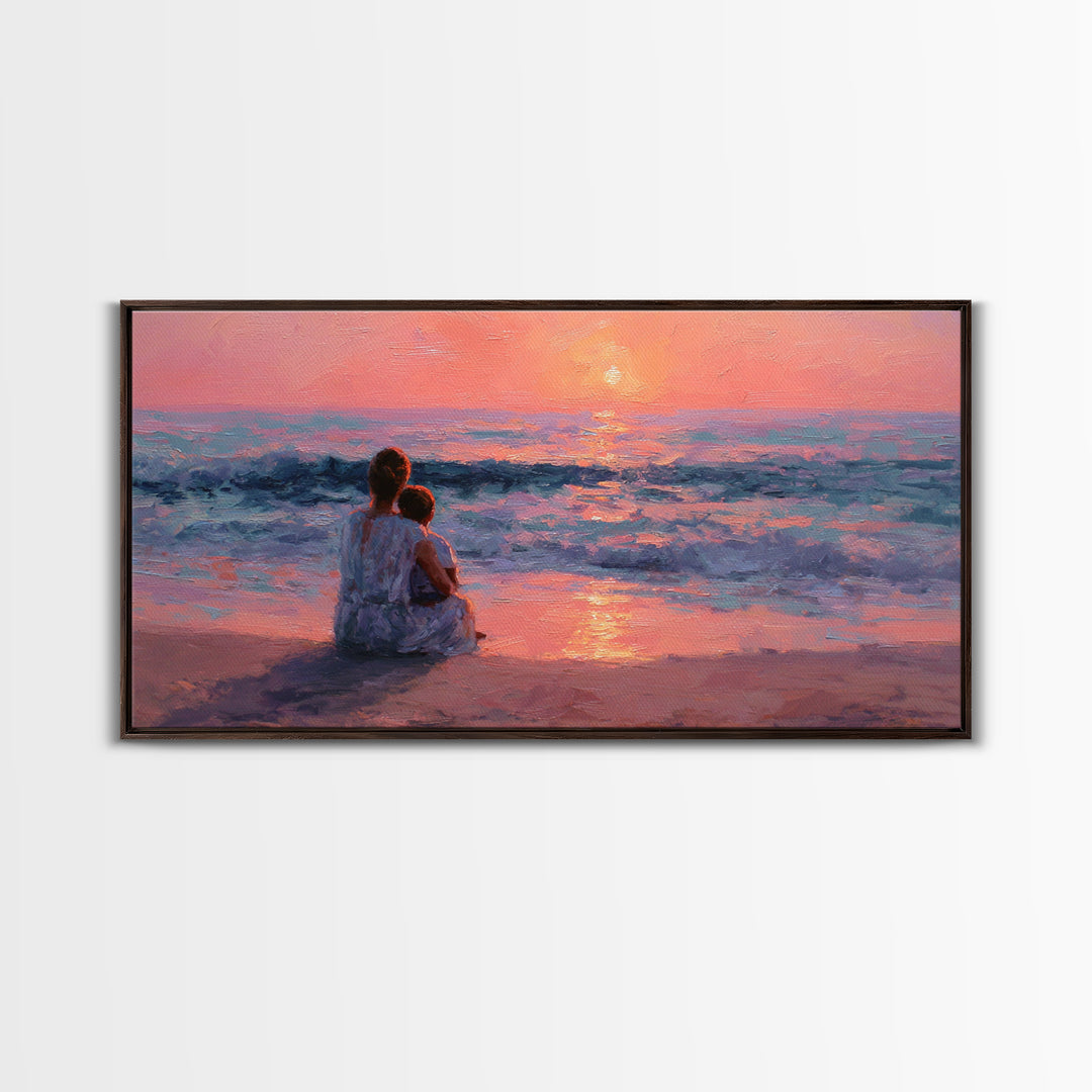 Mother Holding Baby At Rose Ocean Sunset Wall Art, Coastal Canvas Print, Nursery Decor, Gift For Mom, Romantic Bedroom Art