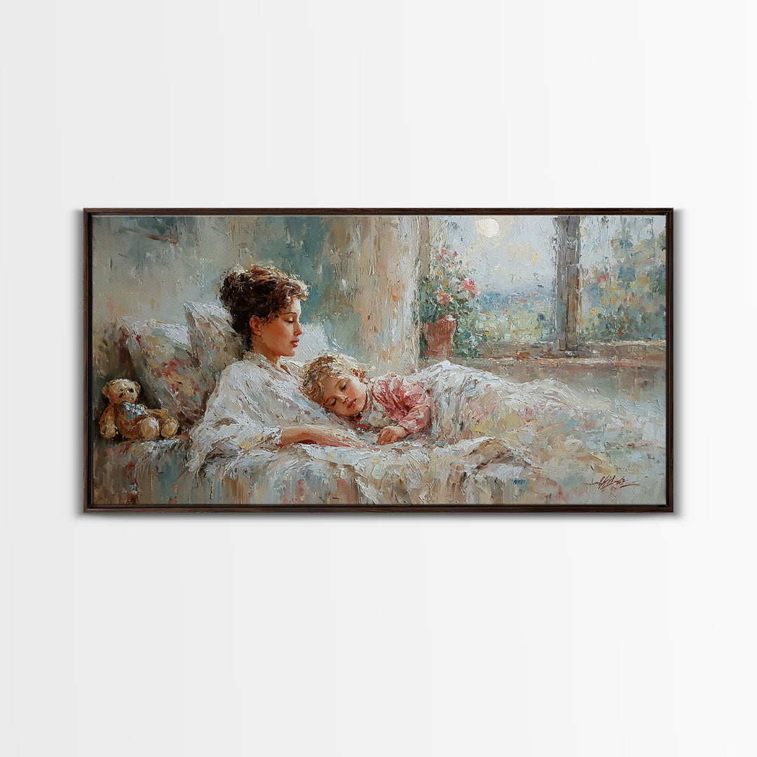 Mother And Child Morning Bedtime Wall Art, Impressionist Canvas Print, Nursery Decor, Gift For Mom, Cozy Bedroom Wall Decor