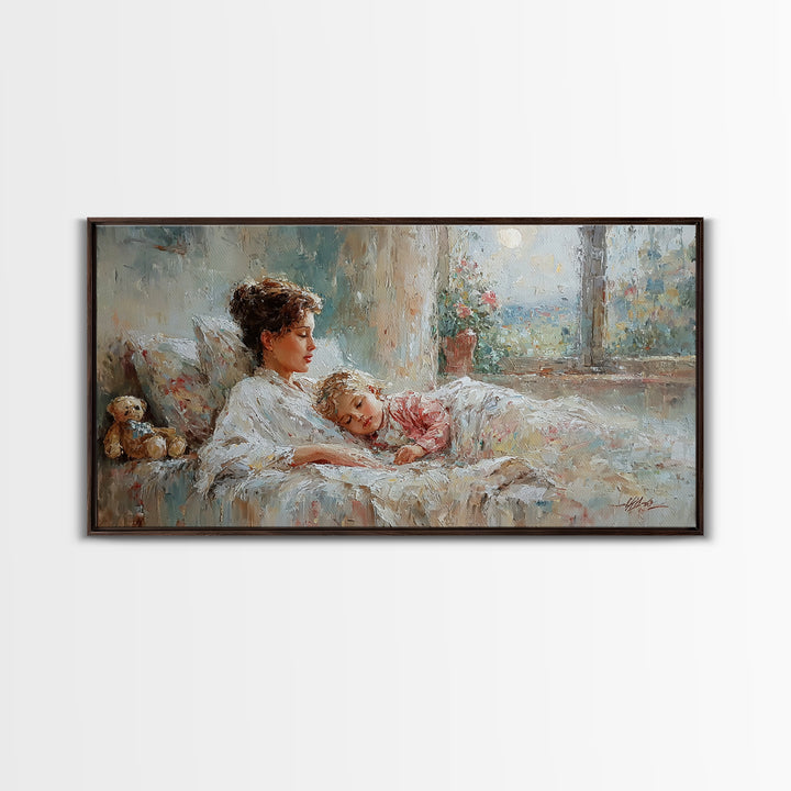 Mother And Child Morning Bedtime Wall Art, Impressionist Canvas Print, Nursery Decor, Gift For Mom, Cozy Bedroom Wall Decor
