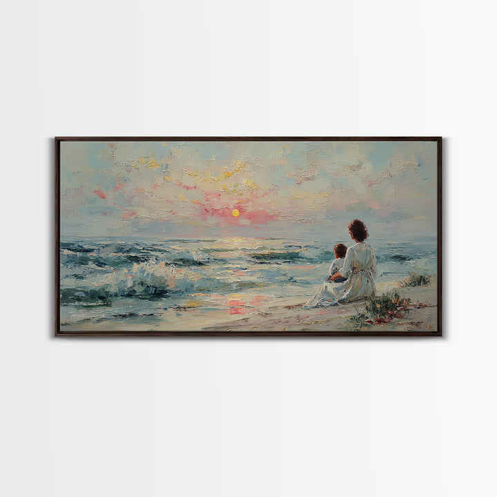 Mother And Child Watching Pastel Sea Sunset Wall Art, Coastal Framed Canvas Print, Nursery Decor, Gift For Mom, Beach Decor