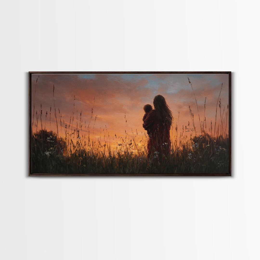 Mother And Baby Silhouette At Golden Sunset Wall Art, Rustic Landscape Canvas Print, Nursery Decor, Gift For Mom, Moody Wall Art