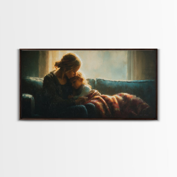 Mother Cuddling Child By Window Wall Art, Moody Bedroom Canvas Print, Nursery Decor, Gift For Mom, Cozy Home Decor, Fine Art